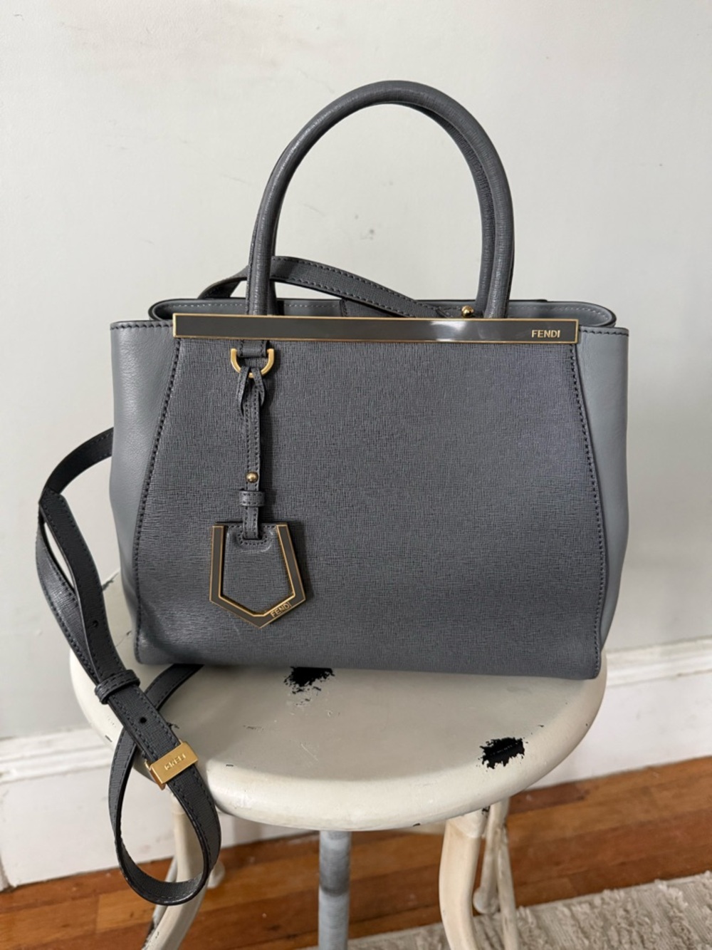 Fendi 2Jours Saffiano Leather Top-Handle Bag w/Gold Hardware + Shoulder Strap